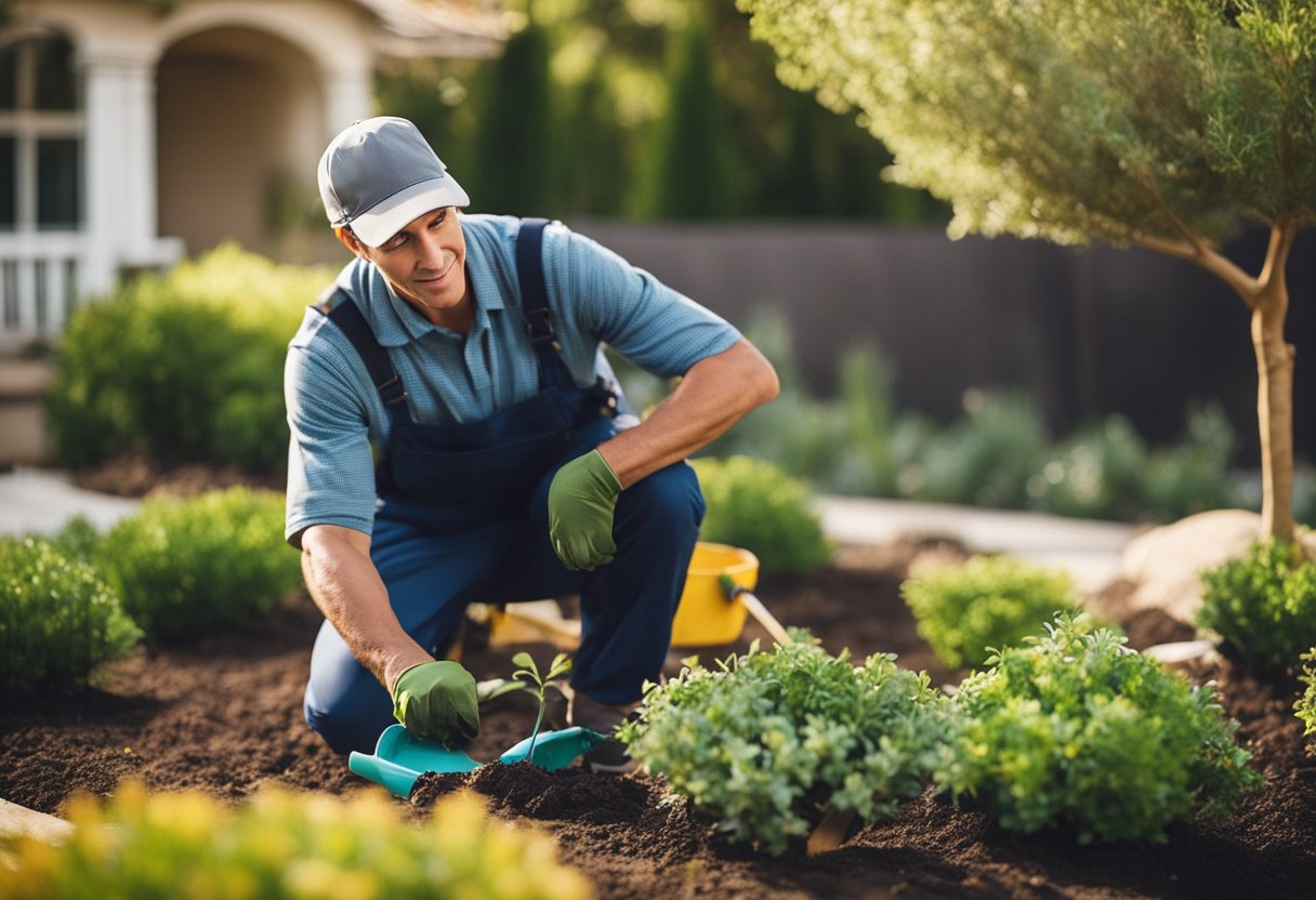 A gardener tends to a water-wise front yard, pruning, mulching, and planting drought-resistant plants
