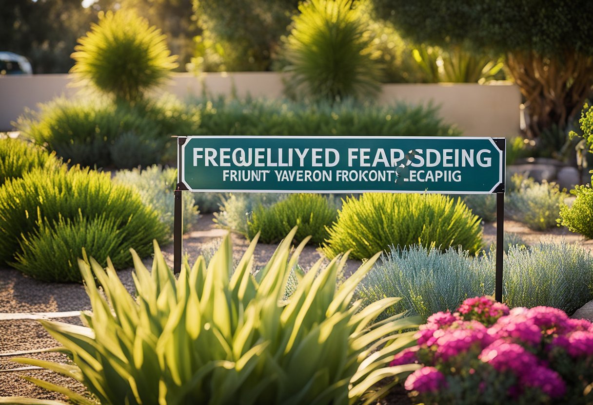 A colorful garden with drought-tolerant plants and efficient irrigation. A sign reads "Frequently Asked Questions: Water-wise Front Yard Landscaping."