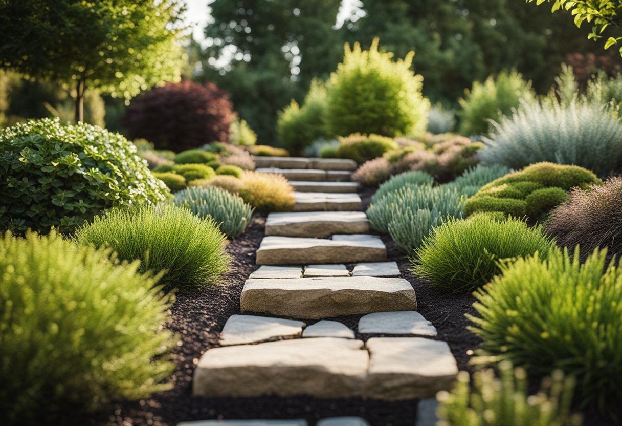 A yard with no grass, featuring a variety of low-maintenance ground cover plants, stone pathways, and decorative mulch
