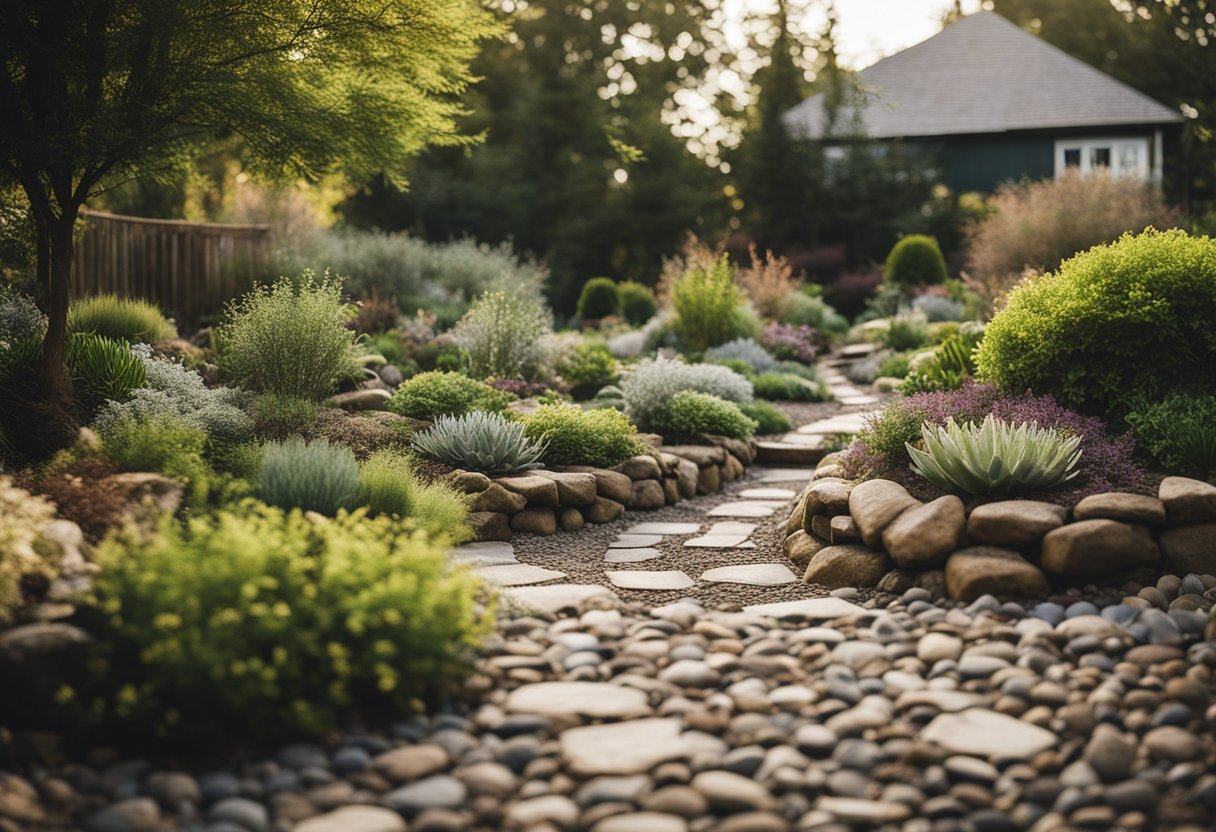 A yard with no grass, featuring a variety of low-maintenance plants, rocks, and pathways
