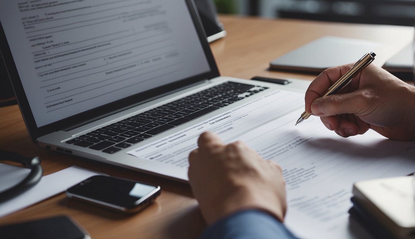 A hand holding a pen fills out an appraisal request form on a desk with a computer and office supplies