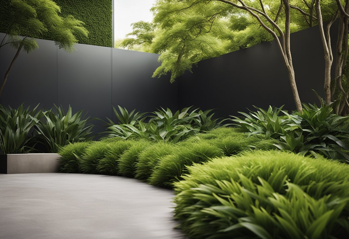 Lush green foliage cascades over a sleek, modern landscape design. Clean lines and minimalistic elements create a serene, grass-free outdoor space