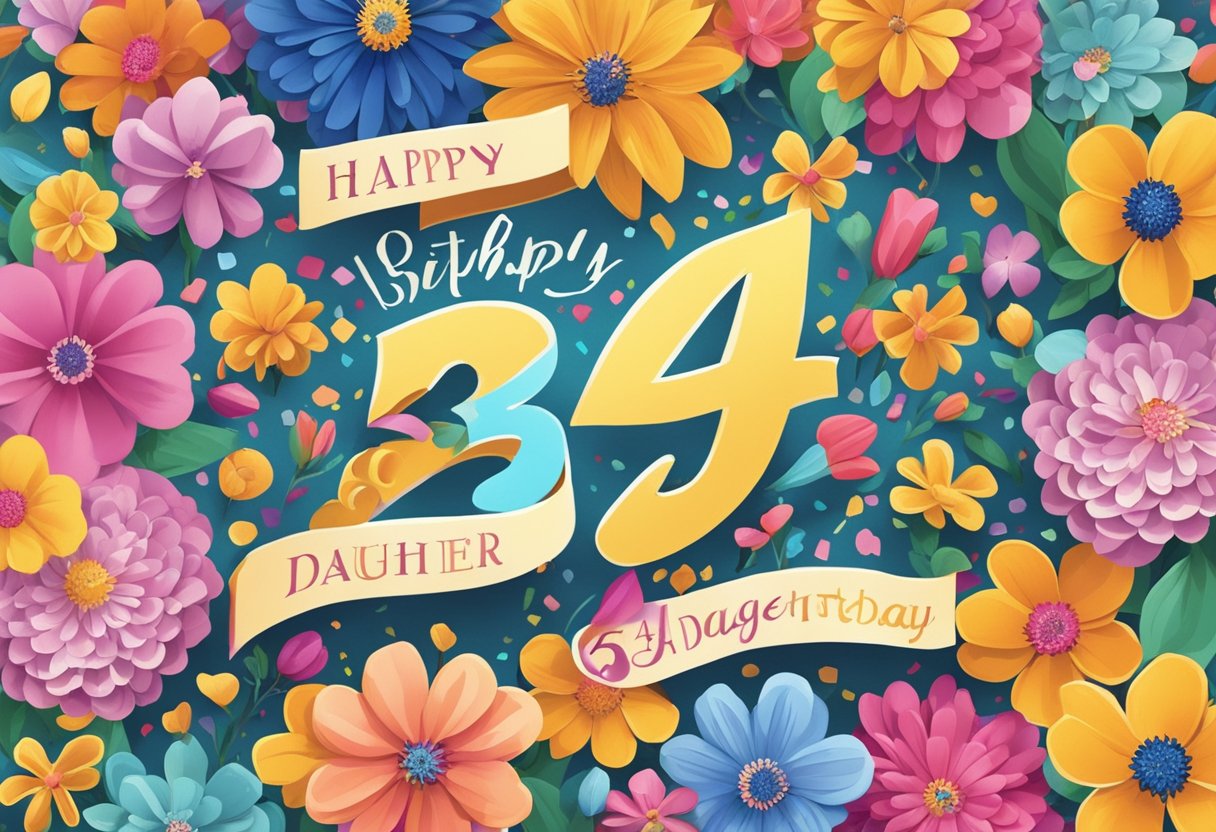 A colorful birthday card with "34th birthday quotes for daughter" written in elegant script, surrounded by vibrant flowers and confetti