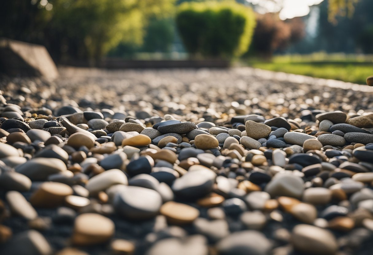 A yard with a mix of stones and gravel, no grass