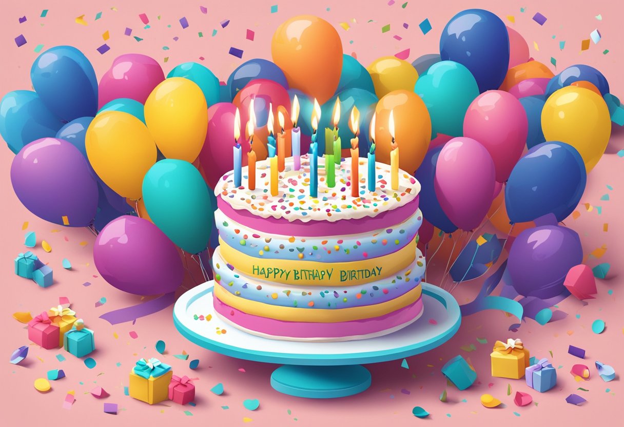 A colorful birthday cake with 34 candles, surrounded by balloons and confetti. A card with a heartfelt quote for a daughter