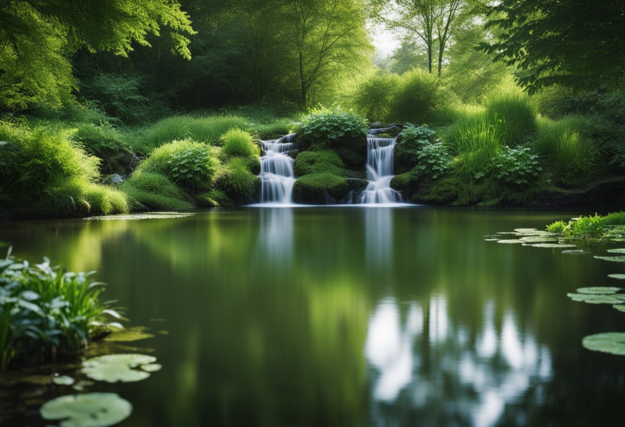 A serene pond reflects the surrounding greenery, with a gentle waterfall cascading into the water. Lush, grass-free landscaping completes the tranquil scene