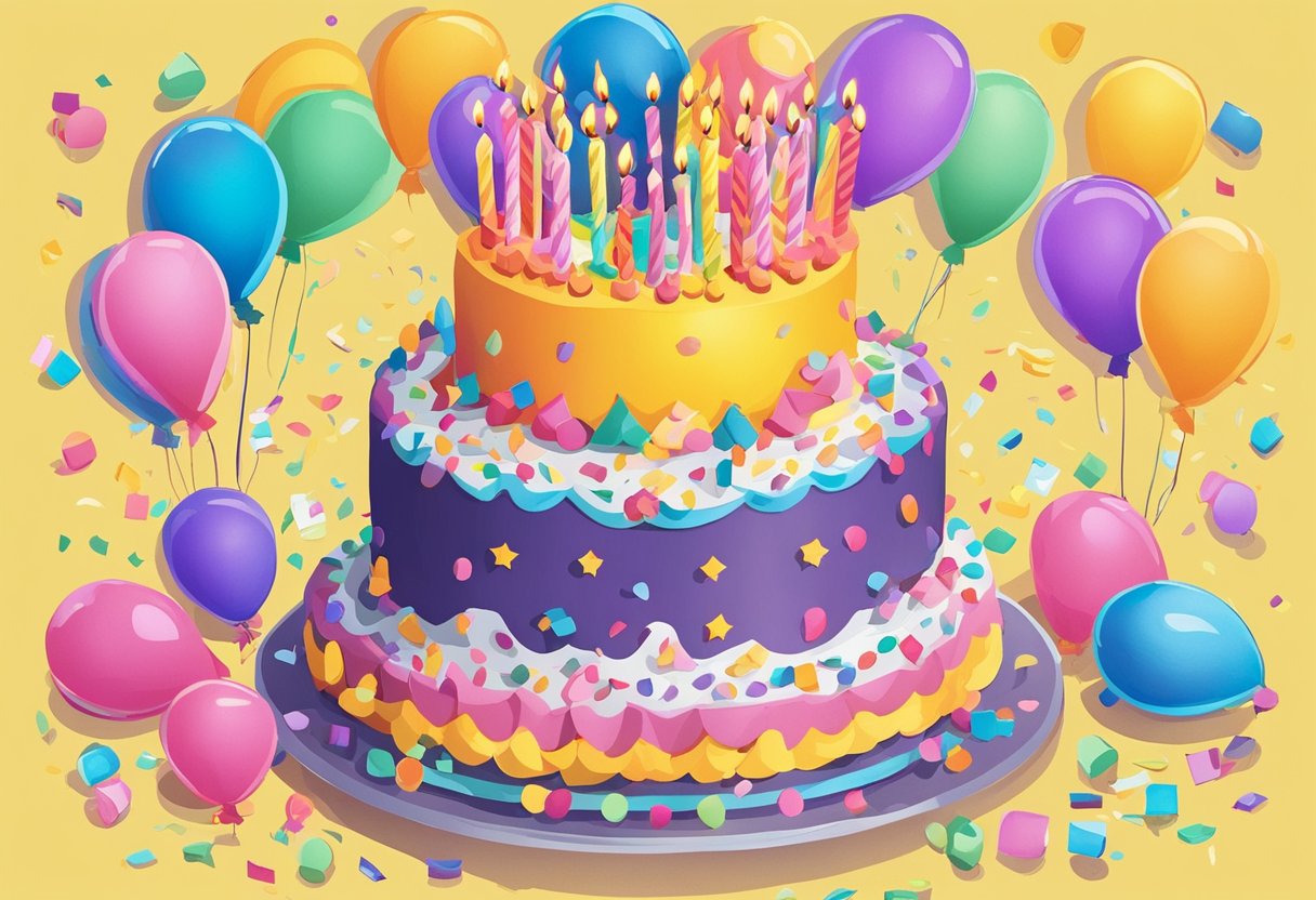 A colorful birthday cake with 35 candles, surrounded by balloons and confetti, with a thoughtful birthday quote for a daughter displayed nearby