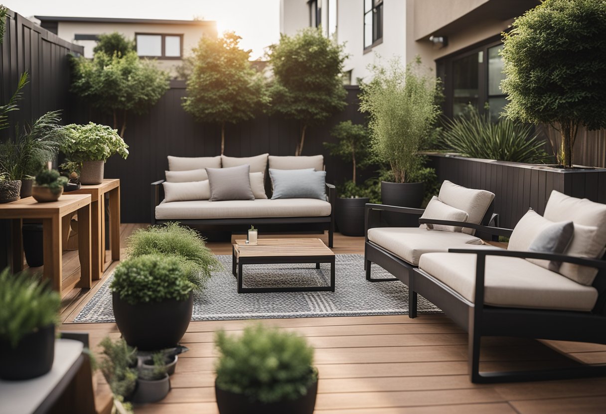 A modern backyard with synthetic greenery, no grass. Patio furniture and potted plants create a cozy, low-maintenance outdoor space