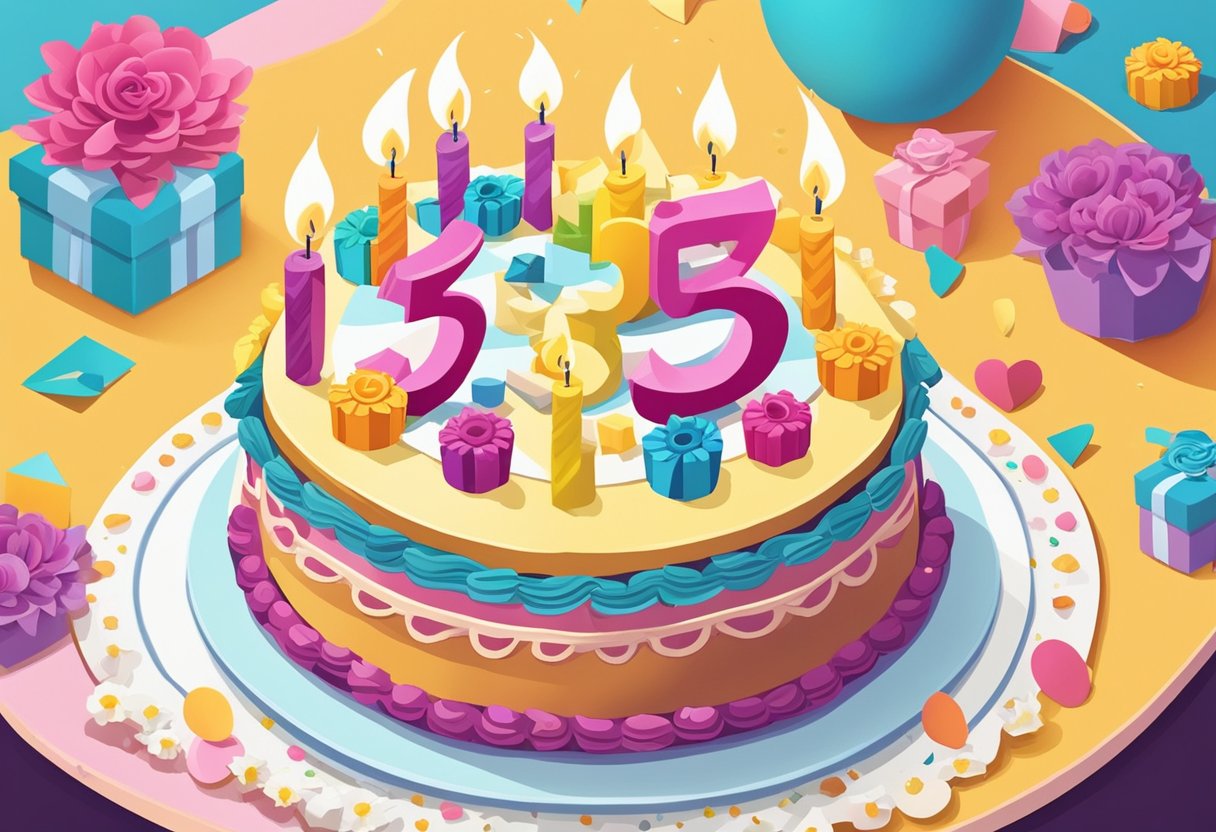 A birthday cake with "35" candles, a card with a heartfelt quote, and a bouquet of flowers on a table