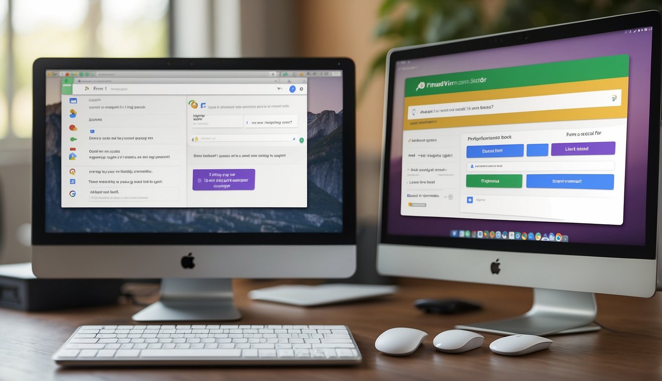 A computer screen displaying Google Forms with a Likert scale question and options, a mouse hovering over the scale, and a keyboard nearby for input