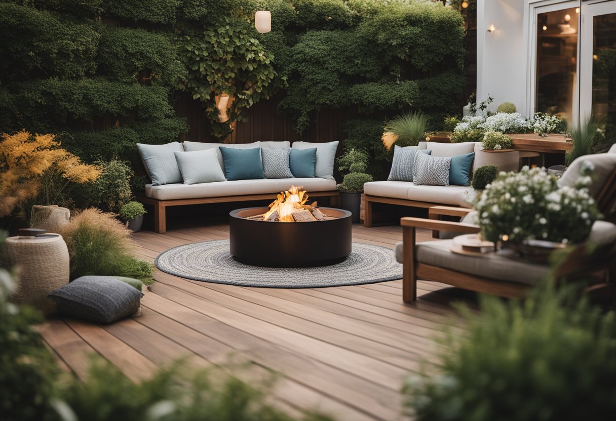 A cozy outdoor seating area surrounded by low-maintenance landscaping, featuring a wooden deck, potted plants, and a fire pit
