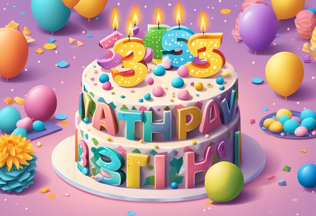 A colorful birthday cake with "35" candles, surrounded by festive decorations and a loving birthday card for a daughter