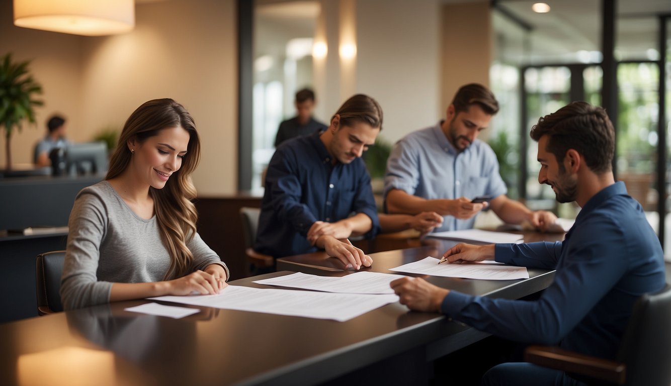 Clients fill out spa forms at reception desk