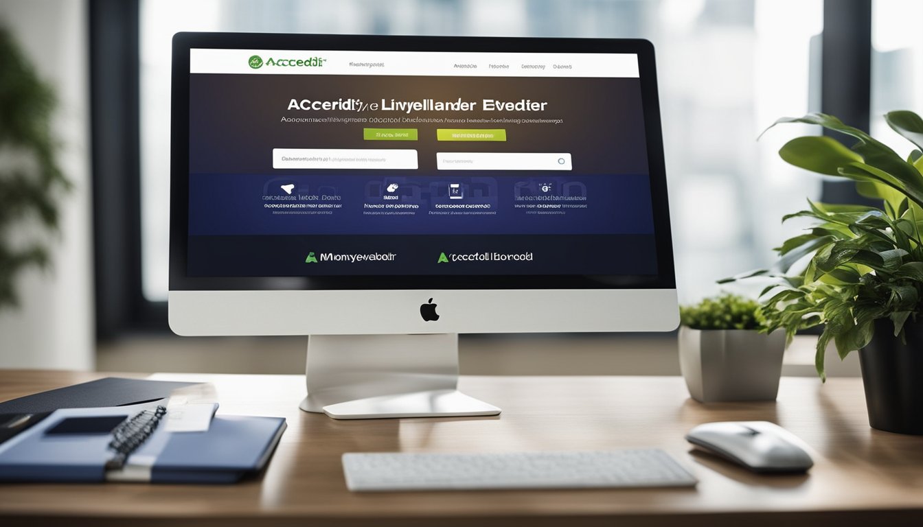 A computer screen displays the website of Accredit Moneylender, with the company's logo and licensed status prominently featured