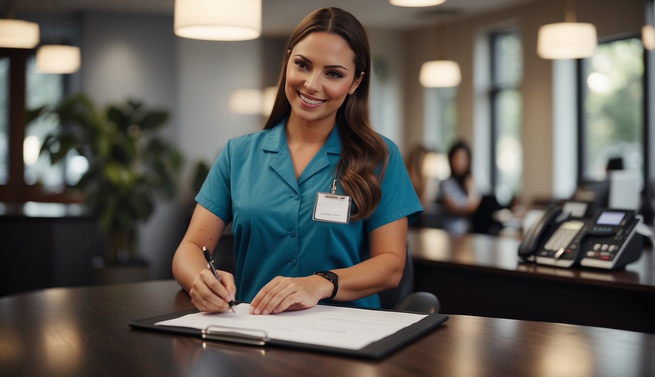 A receptionist hands a client a clipboard with spa intake forms to fill out before their appointment