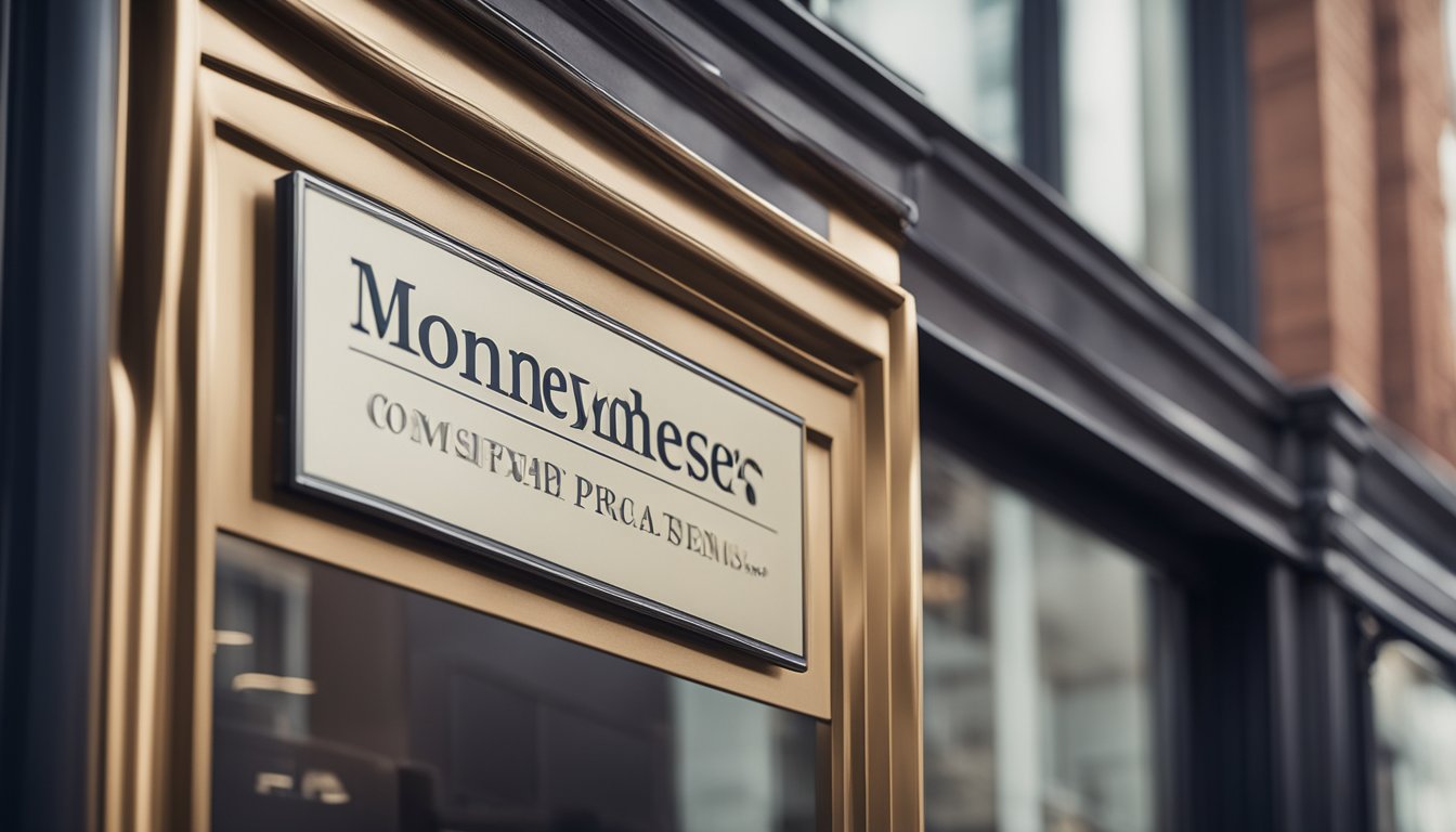A licensed moneylender's signboard hangs above a clean, modern storefront. The logo and contact information are prominently displayed, conveying professionalism and trustworthiness