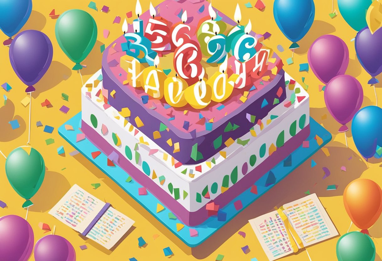 A colorful birthday cake with 36 candles sits on a table, surrounded by balloons and confetti. A loving message for a daughter's 36th birthday is written on a decorative card