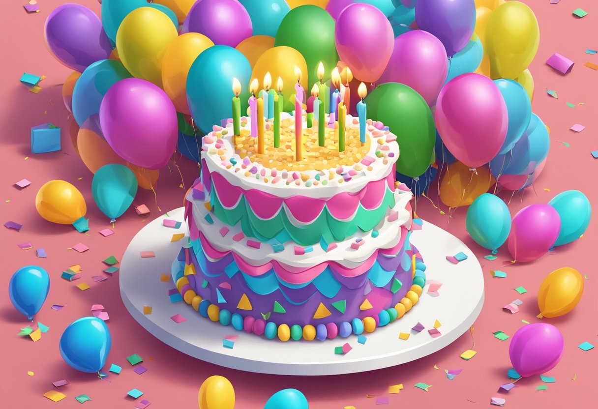 A colorful birthday cake with 36 candles, surrounded by balloons and confetti, with a thoughtful birthday card for a daughter