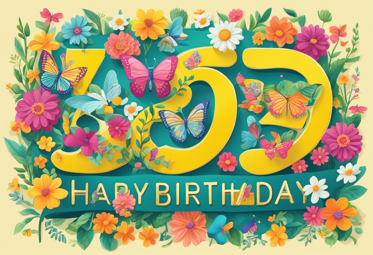 A cheerful birthday card with "Happy 37th Birthday, Daughter" written in elegant script, surrounded by vibrant flowers and butterflies