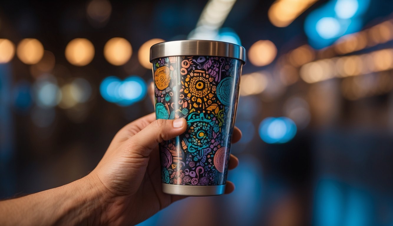 A hand holding a custom tumbler order form, with various options and fields to fill out, surrounded by colorful tumbler designs and patterns