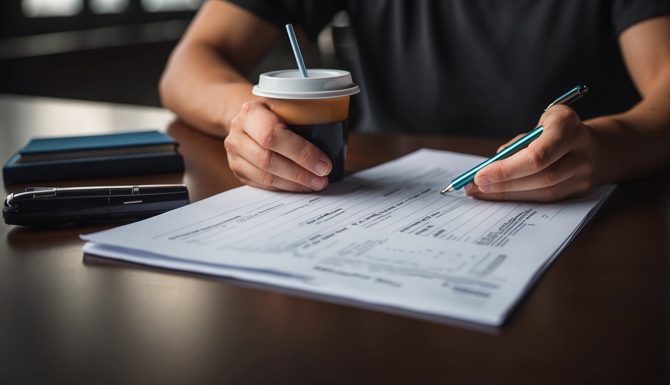 A hand holding a pen fills out a custom tumbler order form on a sleek, modern table with a stack of tumbler samples in the background