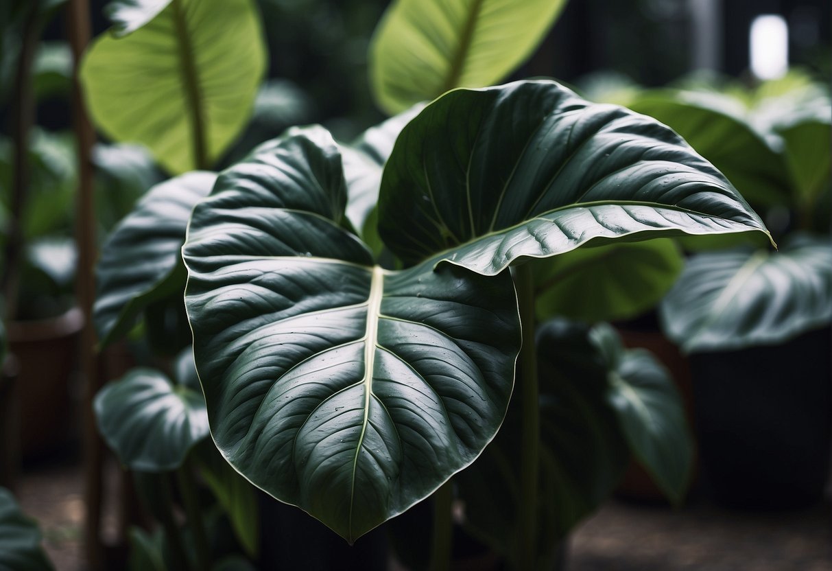 Alocasia Ninja stands tall, with dark green, arrow-shaped leaves and silvery veins, creating a striking and elegant presence