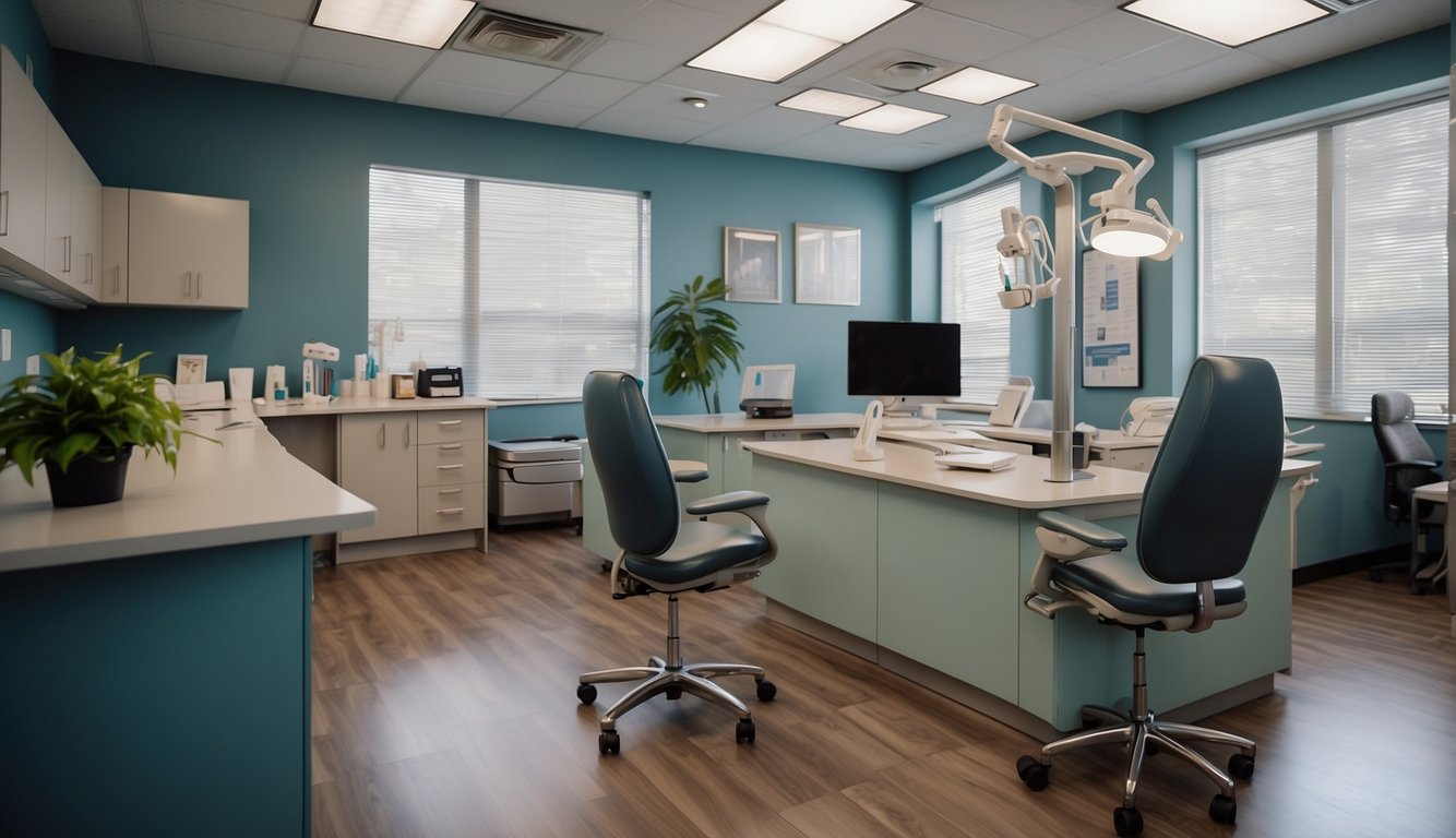 A dental office with a reception desk, chairs, and a filing cabinet. HIPAA forms are visible on the desk