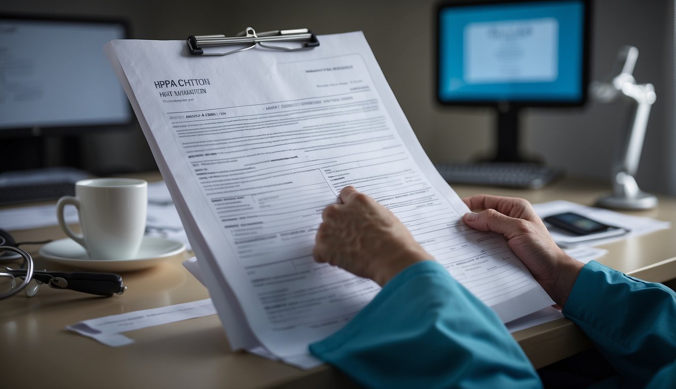 A dentist sitting at a desk, reviewing HIPAA forms. A patient's chart is open, with a privacy notice prominently displayed