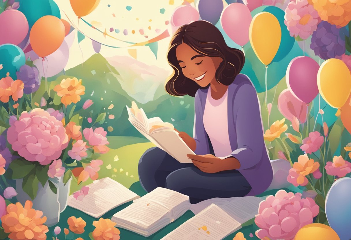 A daughter smiling while reading a heartfelt birthday card surrounded by flowers and balloons