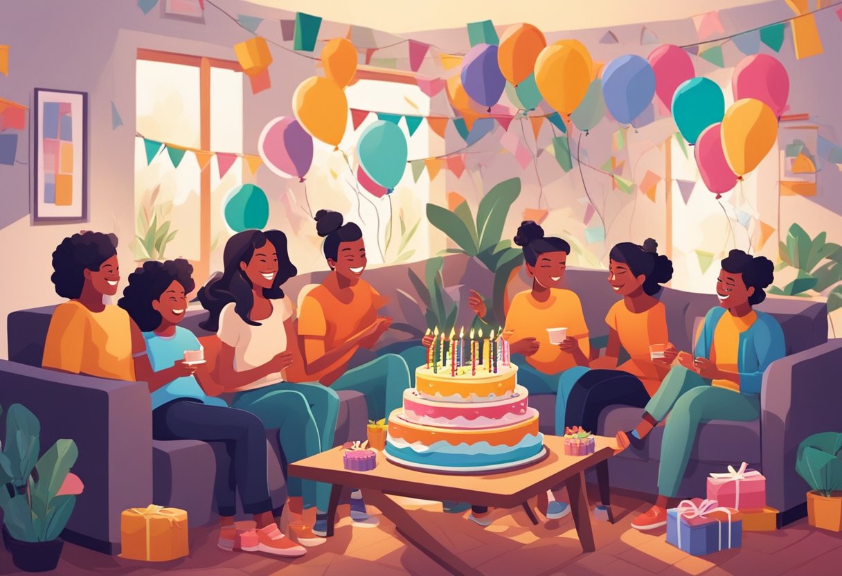 A group of friends and family gathered in a cozy living room, laughing and sharing stories. A birthday cake with 38 candles sits on the table, surrounded by colorful balloons and streamers