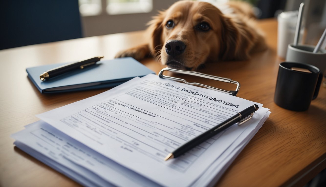 A stack of printable dog boarding forms on a desk with a pen and clipboard