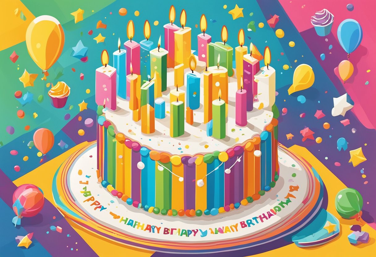 A colorful birthday cake with candles, surrounded by witty quote bubbles and laughter