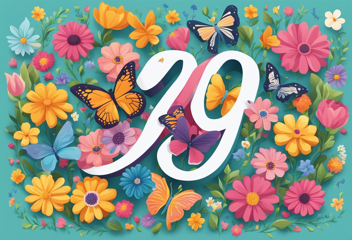 A colorful birthday card with the number 39 surrounded by vibrant flowers and butterflies. A loving message is written in elegant script