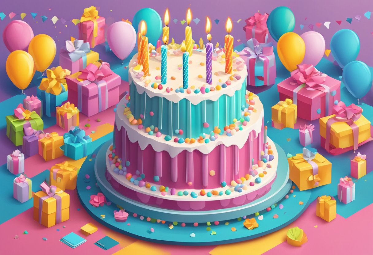 A colorful birthday cake with 39 candles, surrounded by festive decorations and a loving birthday card for a daughter