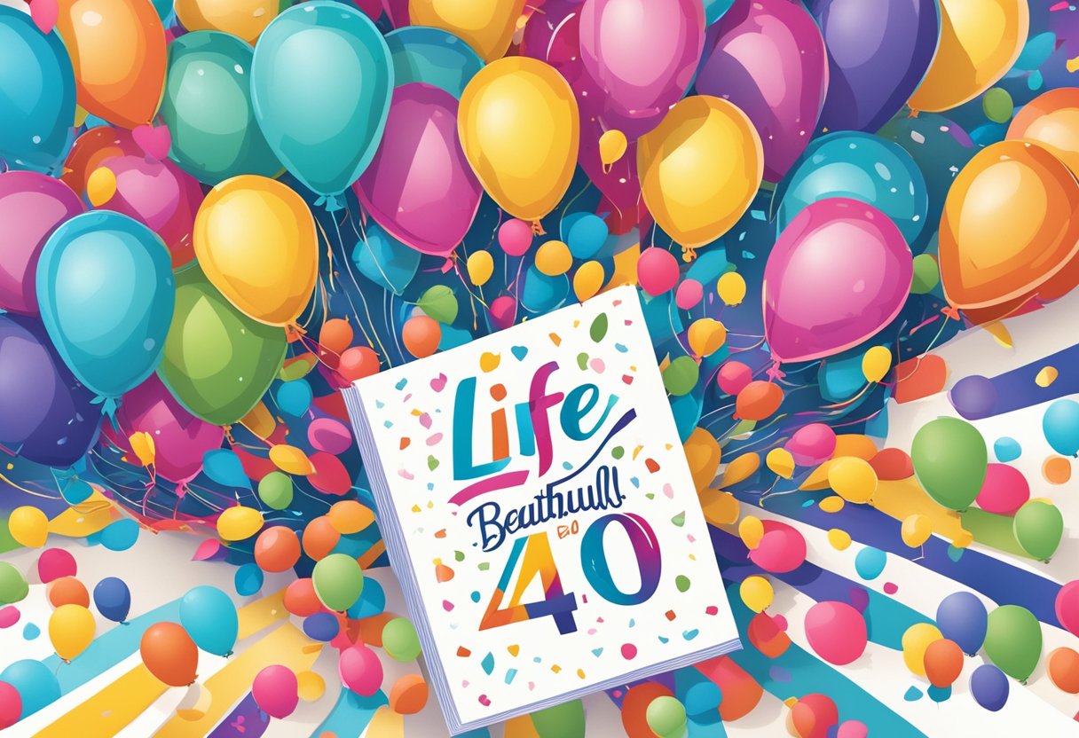 A daughter receiving a heartfelt birthday card with the quote "Life is beautiful at 40" surrounded by balloons and confetti