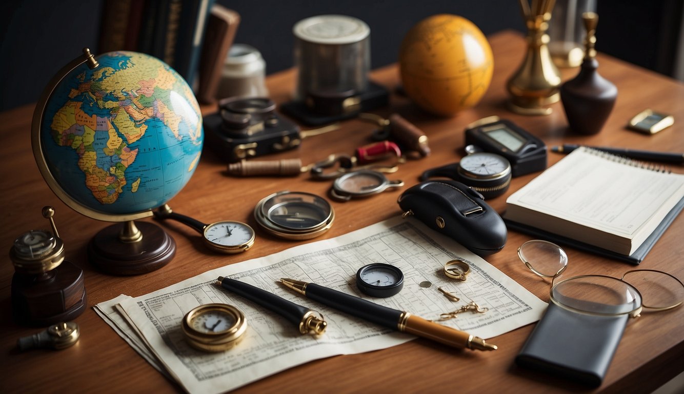 A diverse range of objects scattered on a table, including a ruler, pencil, magnifying glass, and a globe. Various textures and shapes are visible, such as smooth, round, and angular