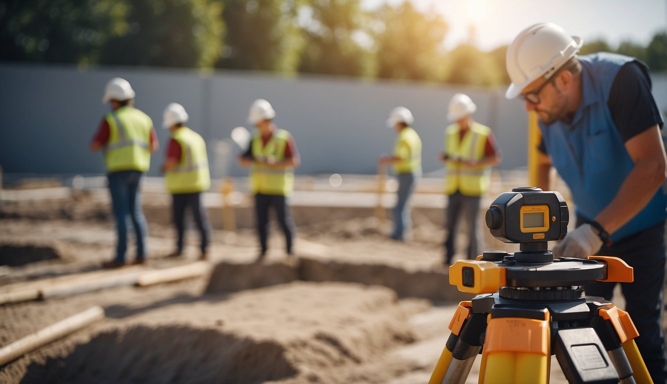 A surveyor measures and marks foundation characteristics on a construction site