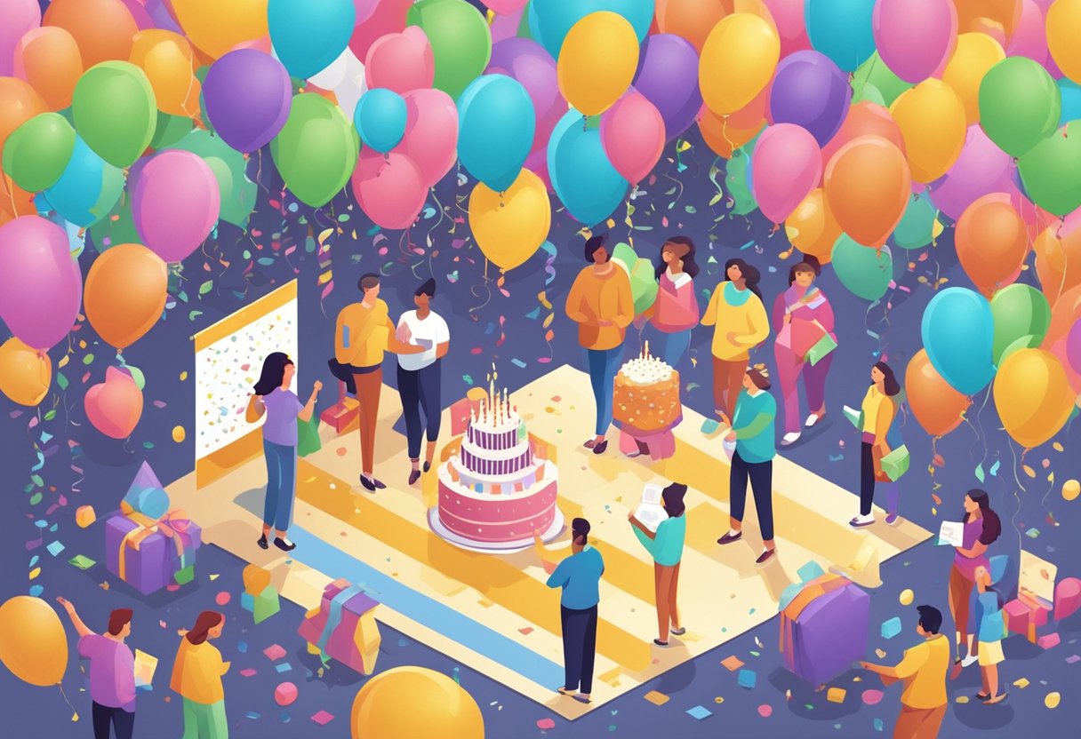 A festive birthday party scene with balloons, confetti, and a large "40" birthday banner. A proud daughter holds a heartfelt card from her parents