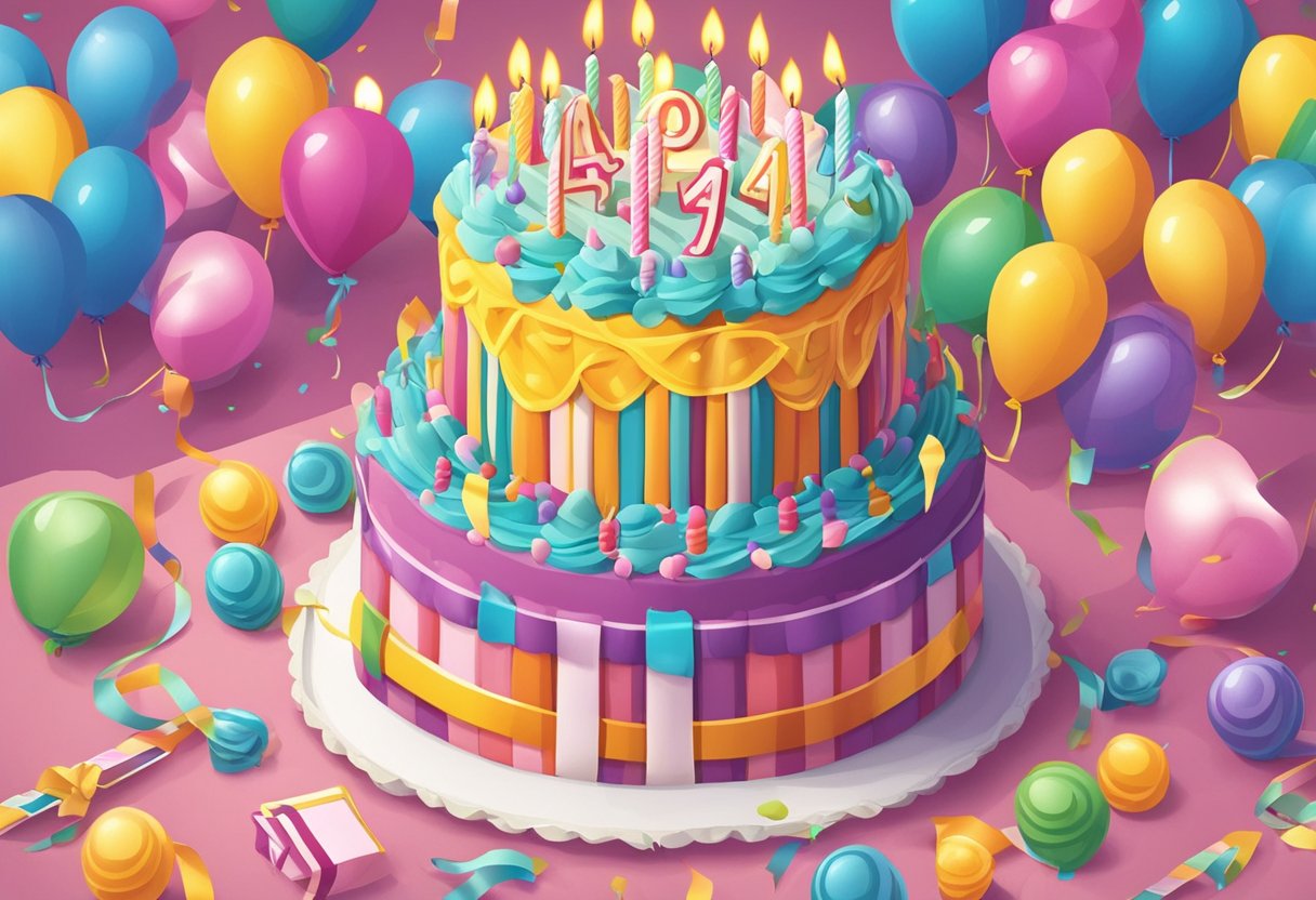 A birthday cake with 41 candles, surrounded by colorful balloons and streamers, with a card reading "Happy 41st Birthday" for a daughter