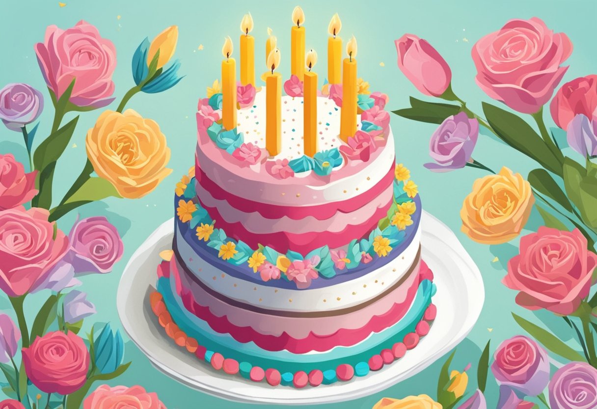 A birthday cake with 41 candles, a card with a heartfelt message, and a bouquet of flowers for a daughter's 41st birthday celebration