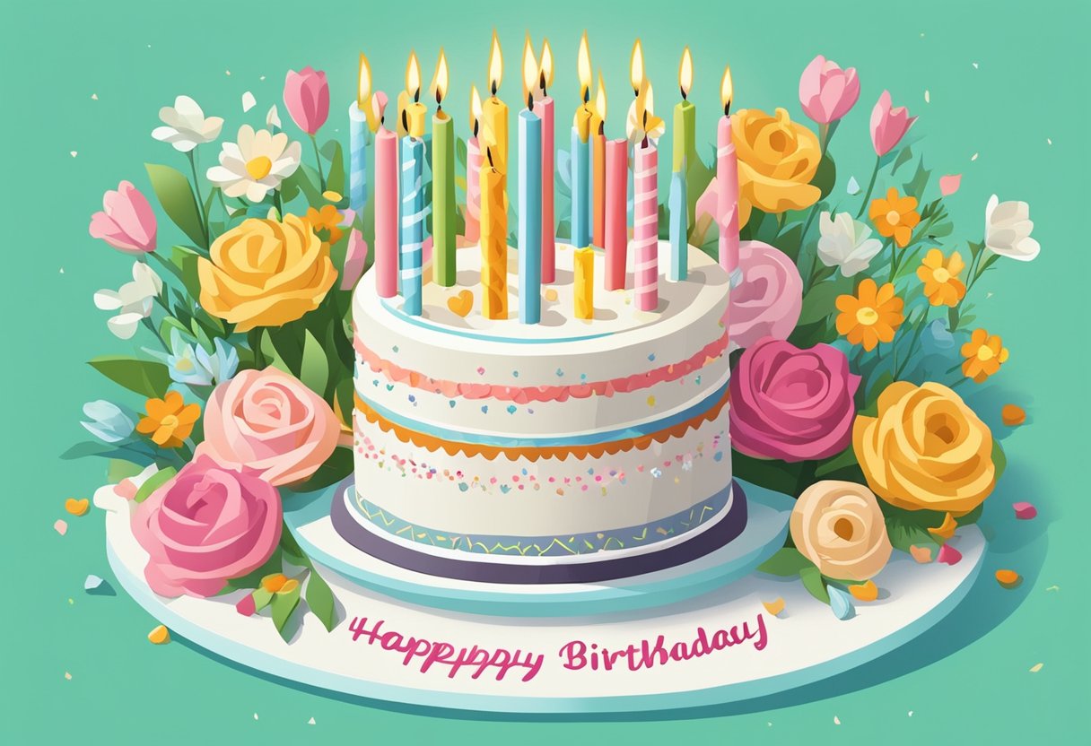 A birthday cake with 41 candles, a card with a heartfelt message, and a bouquet of flowers on a table
