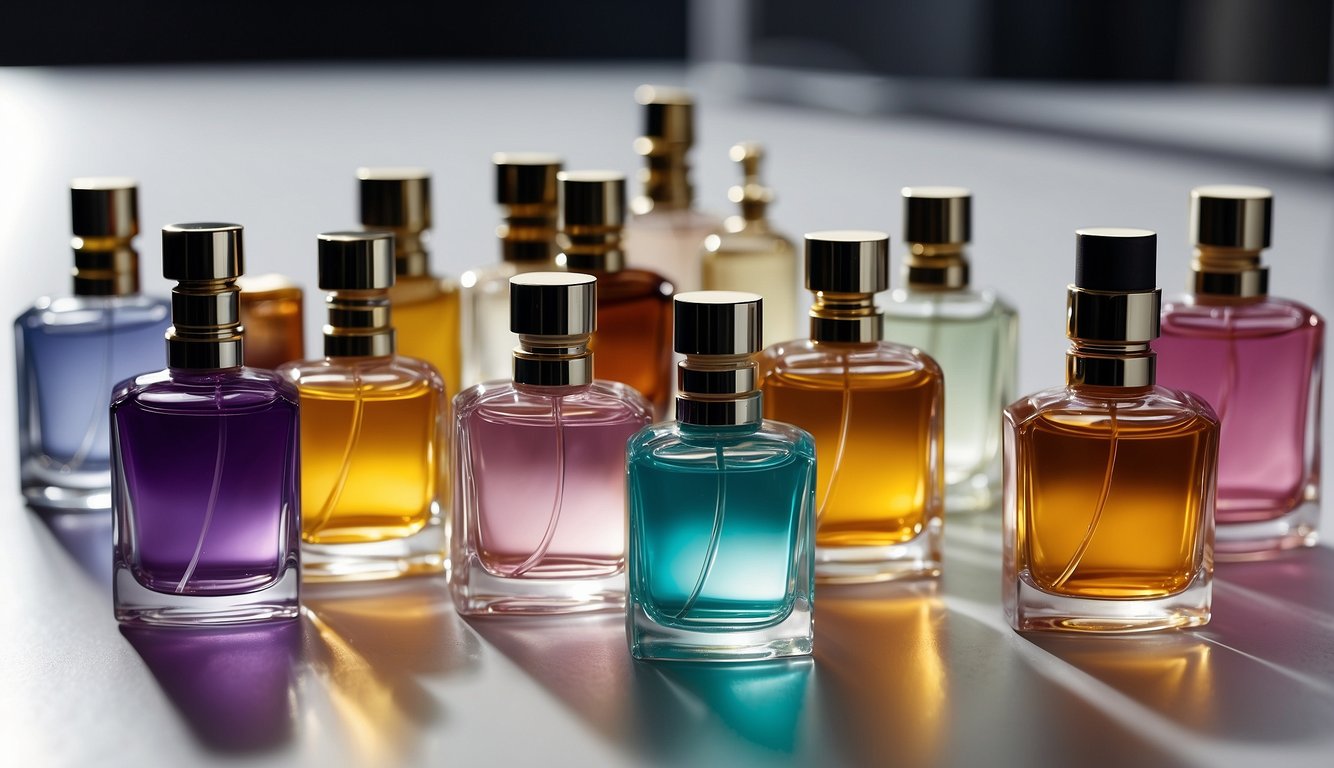 A variety of perfume bottles arranged on a sleek, white table, with colorful scent strips scattered around for a scent quiz