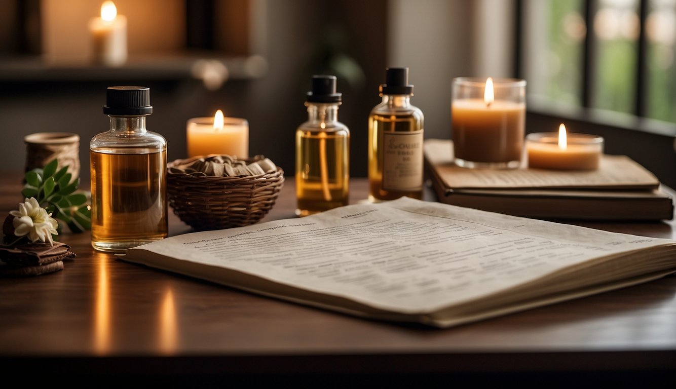 A table with various scents in bottles, a quiz sheet, and a person's profile in a cozy, well-lit room