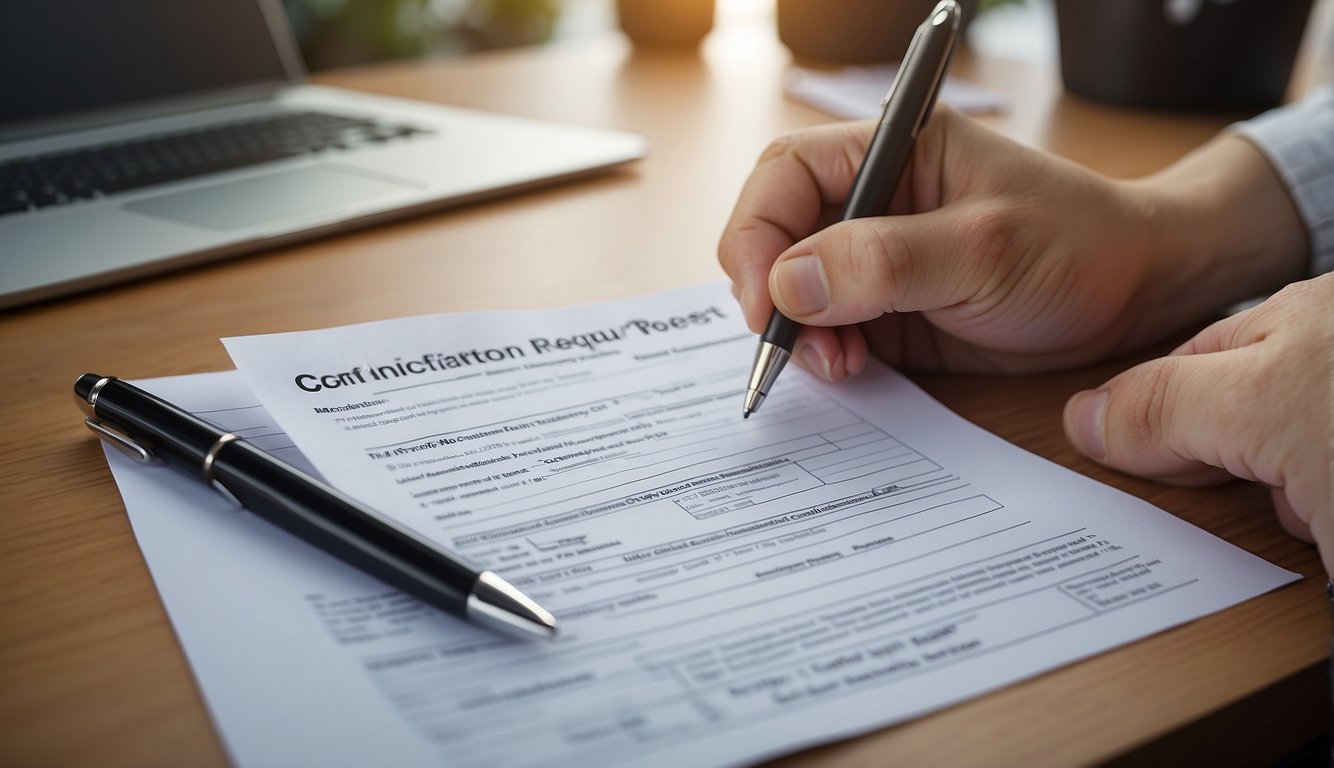 A hand holding a pen, filling out a cancellation request form on a desk with a computer and office supplies