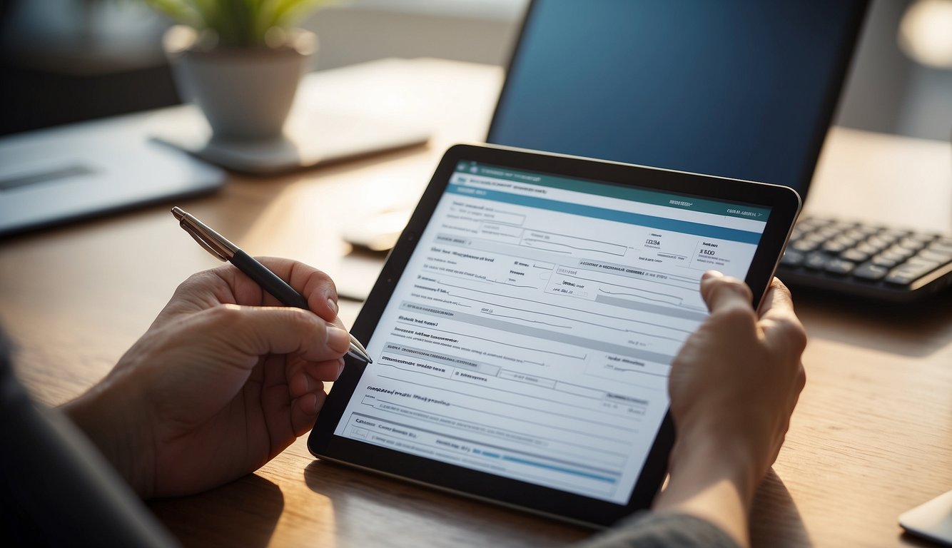 A hand holding a pen, filling out a cancellation request form on a desk with a computer and phone nearby