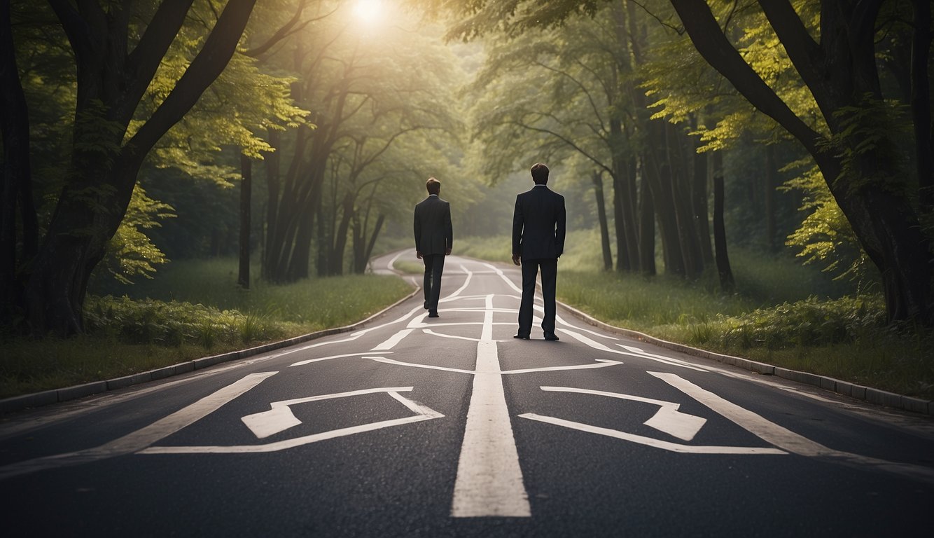 A person standing at a crossroads, with two paths in front of them, each labeled with a different ethical dilemma