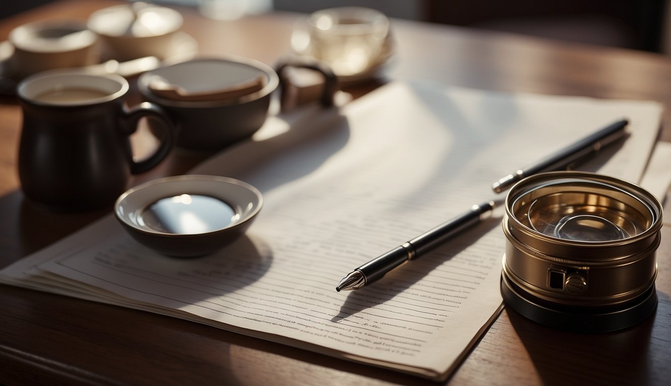 A table with a pen and paper, surrounded by various objects representing ethical choices