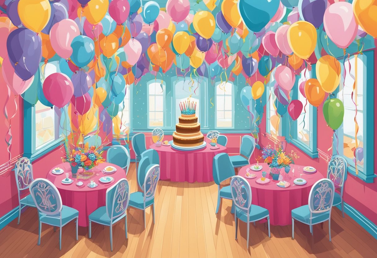 A colorful array of balloons and streamers fills the room, with a table adorned in elegant decor. A birthday cake sits in the center, surrounded by heartfelt quotes celebrating the 42nd year of a beloved daughter