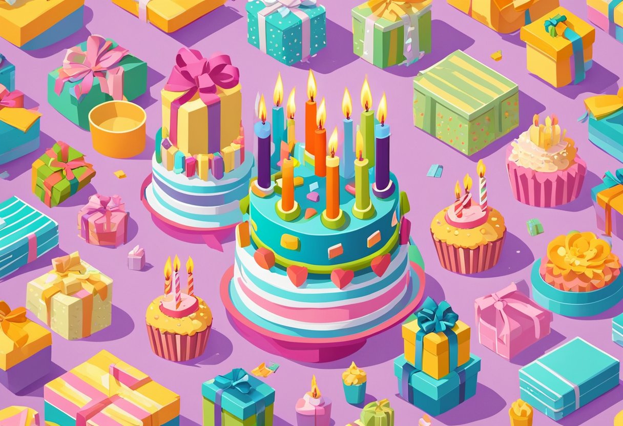 A colorful birthday cake with 43 candles, surrounded by heartfelt cards and gifts for a daughter