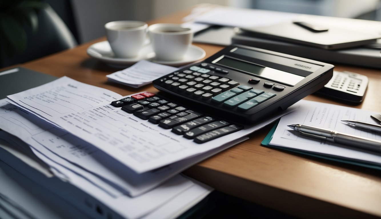 A desk with a laptop, calculator, and pen. A stack of bills and bank statements. A blank personal financial statement form template